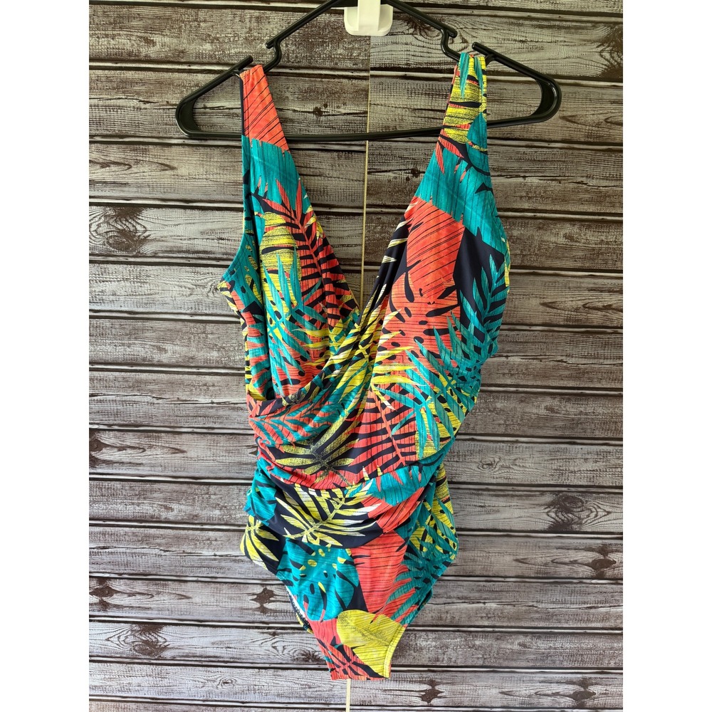 LL Bean Womens One Piece Swimsuit Size 12‎ Tropical Palm Leaf Ruched V-Neck